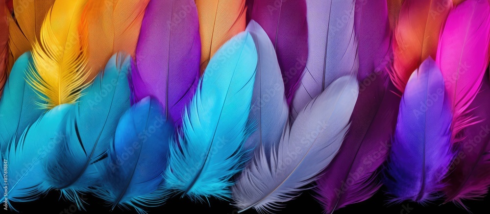 Poster Top view of a colorful background made up of dyed bird feathers providing plenty of copy space for creative use