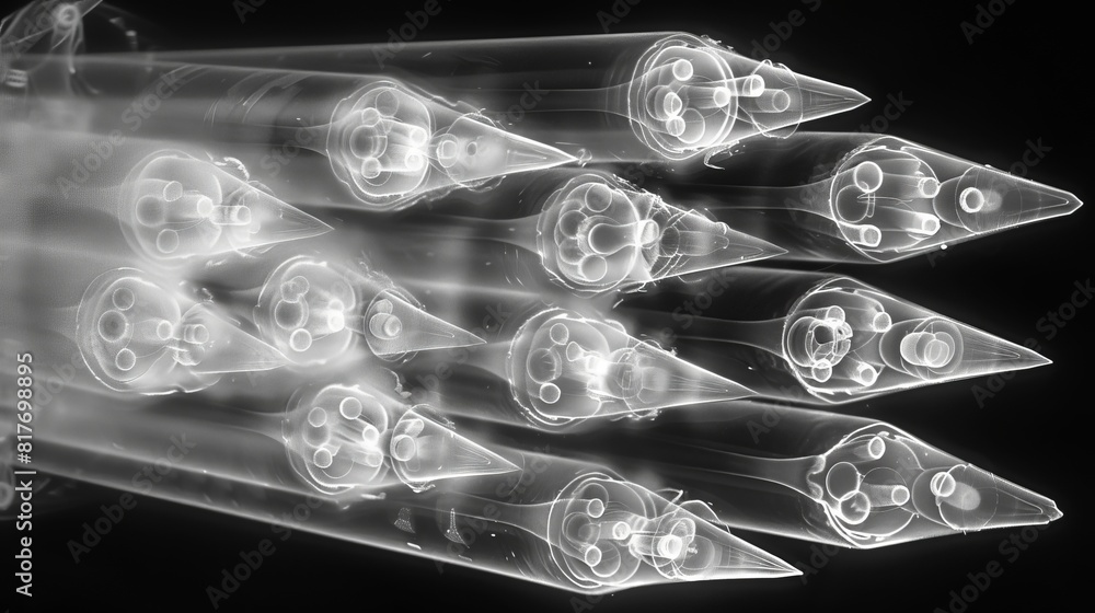 Aufkleber x-ray scan of a bundle of pencils, showing the graphite cores and erasers.