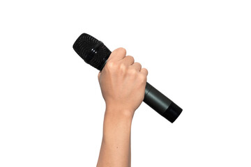 Close-up of a human hand holding a black wireless microphone on white background. Concept of public speaking, performance, singing, podcasting, or broadcasting. High-resolution studio shot.