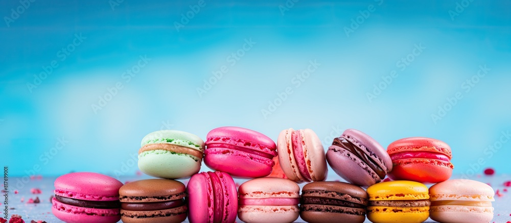 Poster a copy space image of vibrant macaroons against a bright backdrop