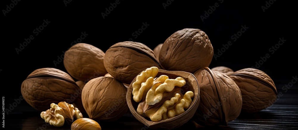 Poster a side view copy space image of walnuts in their shells resting on a black surface against a backgro