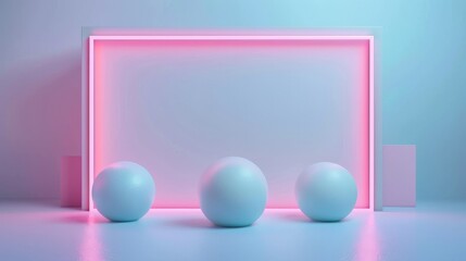 A pink neon light frame with three white spheres aligned in front, on a pastel blue background, with minimalist aesthetic