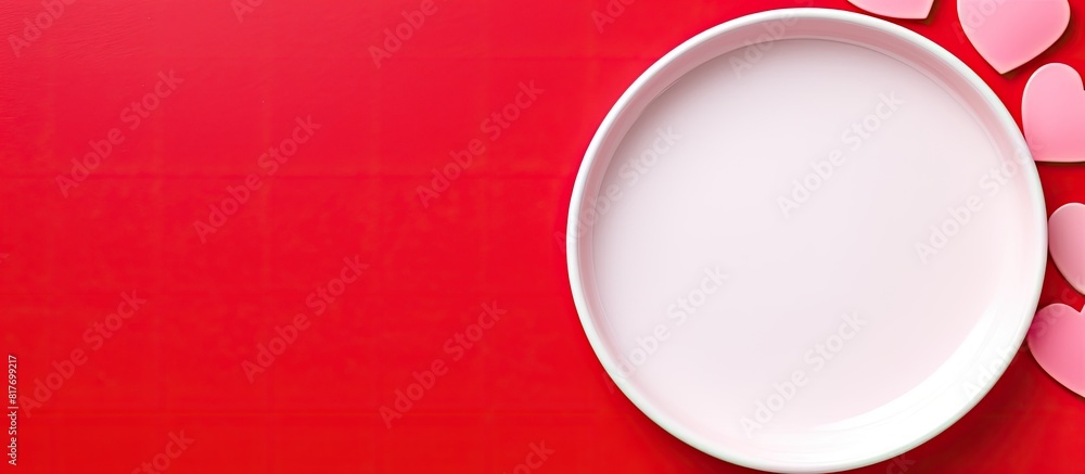 Aufkleber Top view copy space image of a valentine s day concept featuring an empty pink plate and whiteware on a scarlet or red background