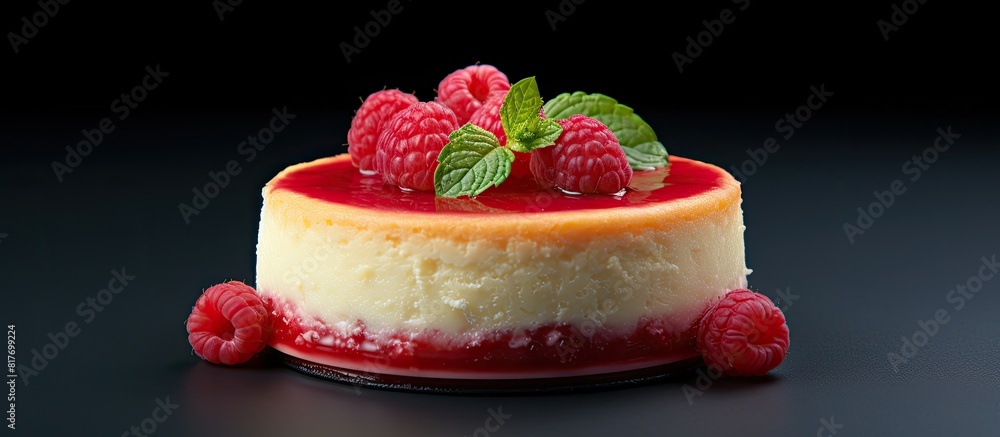Poster Close up view of a mini round raspberry cheesecake with copy space image