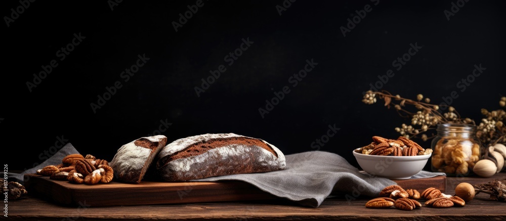 Wall mural A rustic slate plate with a hessian table cloth showcasing a delicious copy space image of fresh sourdough bread topped with nuts