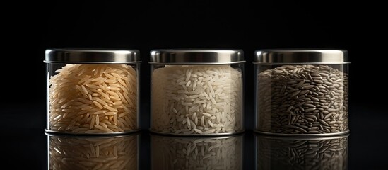 A copy space image features a silver container on a gray background showcasing three distinct varieties of rice