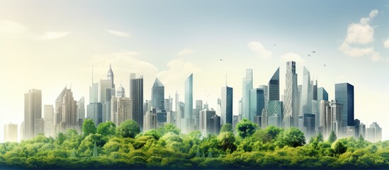 Obraz premium A scenic view of lush green trees harmoniously blending with the modern structures of the cityscape creating a vibrant copy space image