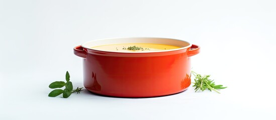 A copy space image of cream of carrot soup beautifully presented in a red pot sitting on a pristine white countertop