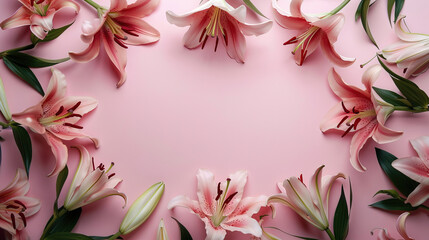 Flowers frame. Frame of lilies on pink background, copy space for text. © Camalia MN