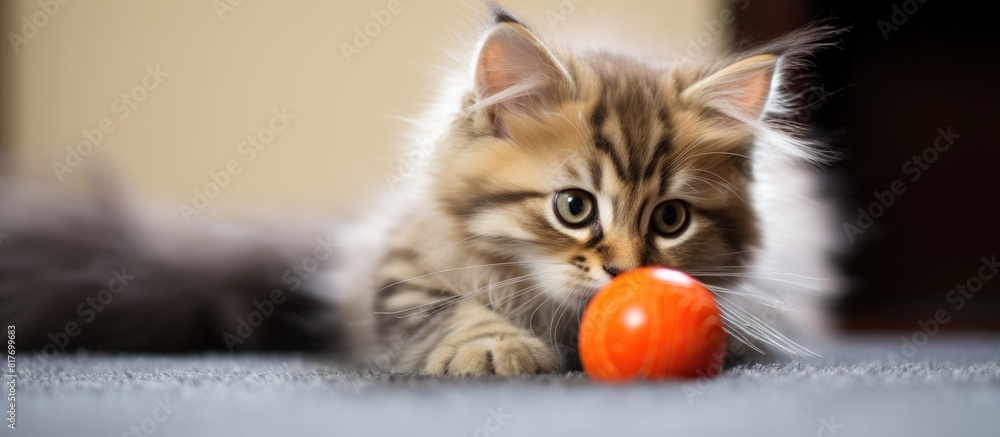 Poster A cute young Siberian cat lies on a carpet with a small orange ball creating a perfect setting for a copy space image