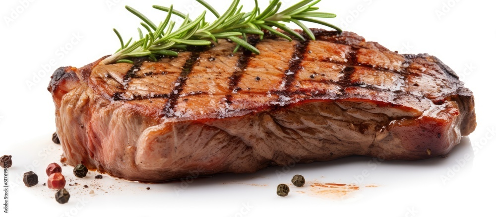 Aufkleber A slice of grilled juicy beef and pork steak placed on a white background with room for other elements in the image. Creative banner. Copyspace image