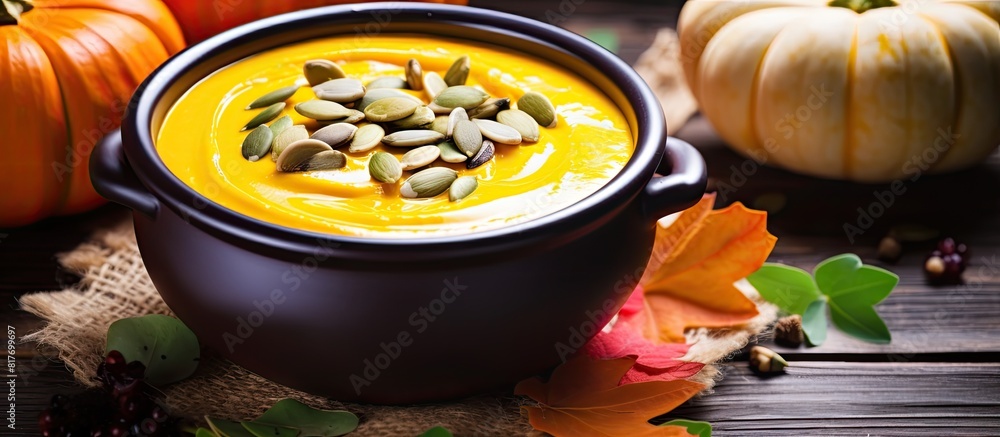 Poster autumn themed vegan pumpkin cream soup with plant based cream and seeds set against a background of 
