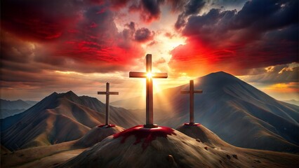 A scene that depicts a cross stained by the blood of Jesus Christ, at the top of the mountain, with two more empty crosses, without blood, one on each side of the middle cross