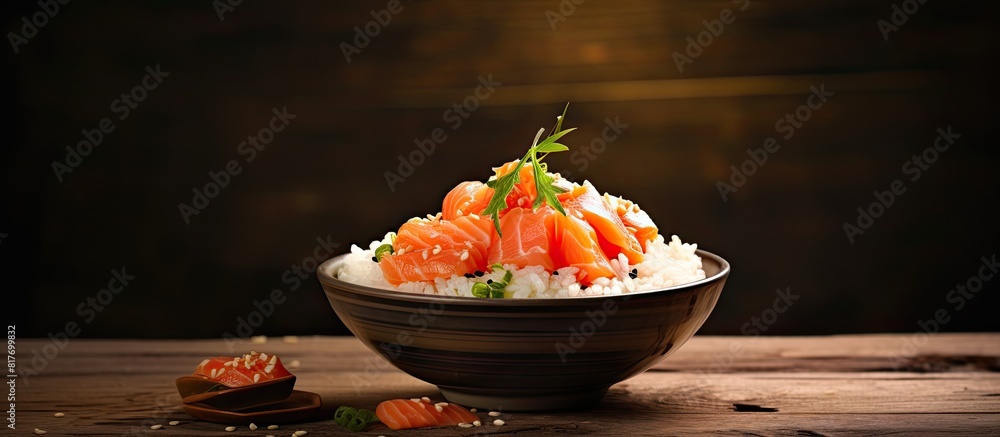 Poster A nutritious bowl of homemade rice topped with fresh salmon creating a copy space image