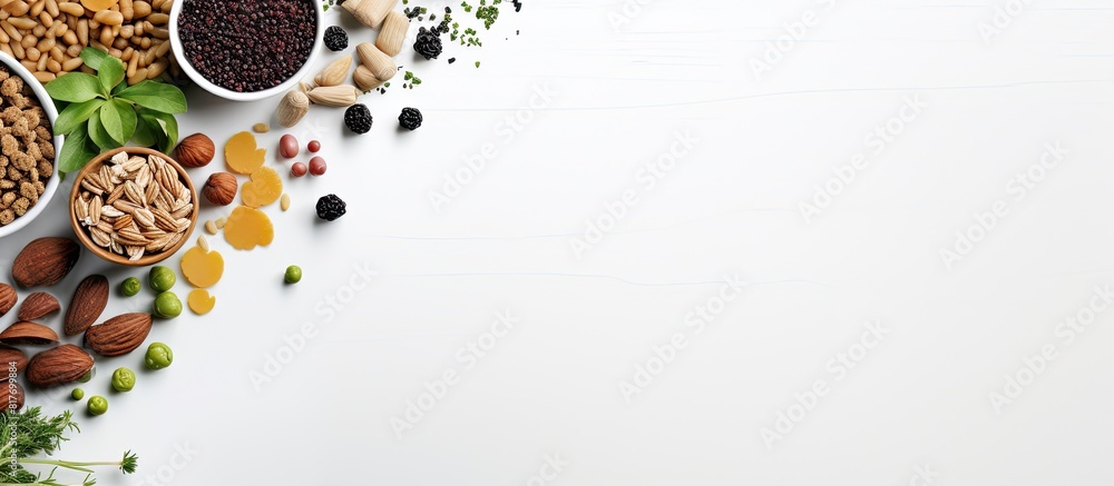 Sticker a copy space image featuring vegan pet food and natural raw ingredients displayed on a light grey ba