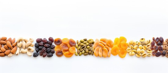 Copy space image of dried fruits nuts and ears of wheat arranged on a white background to symbolize the Jewish holiday Tu Bishvat