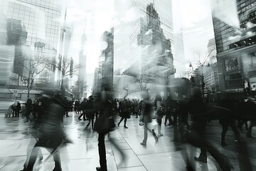 Dynamic black and white city scene with blurred motion of people walking in front of tall buildings