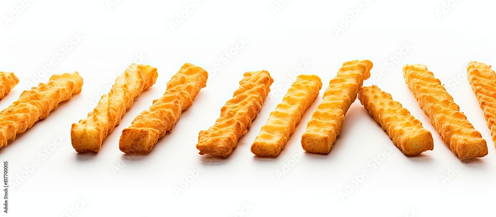 Poster A close up view of crispy cheese stick bites on a white background with copy space for additional images or text