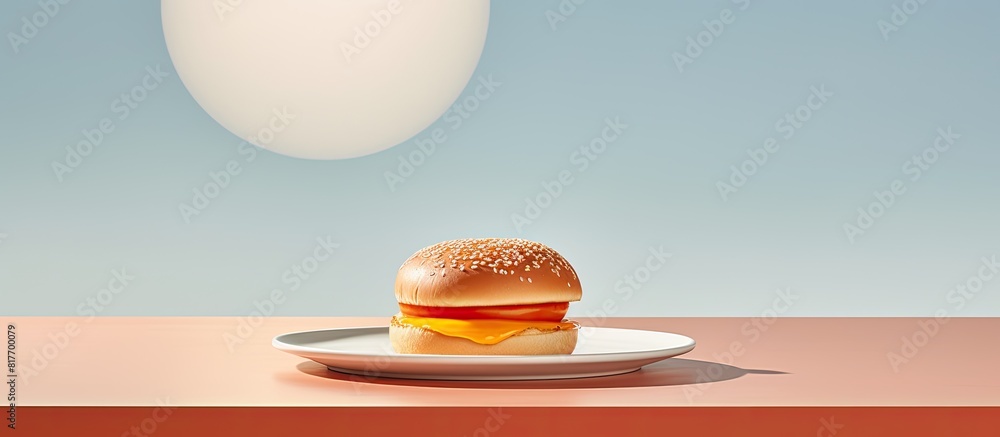 Aufkleber Copy space image of a ceramic plate featuring a hamburger roll topped with an over hard fried egg set against a light background