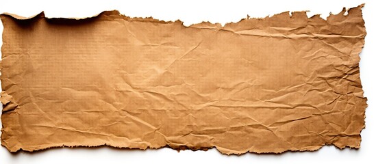 A torn piece of brown craft paper captured from above on a white background featuring copy space for text