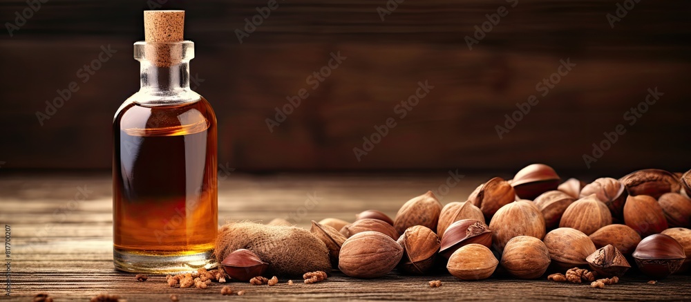 Poster closeup copy space image of a bottle of nutmeg oil and nuts arranged on a rustic wooden table provid