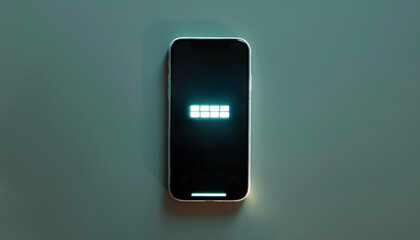 A mobile phone on the tabletop, view from above. White squares, like a mouth, glowing on a display with dark black background, symbol of voice conversation with artificial intelligence.