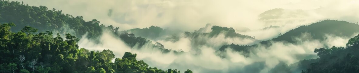 A captivating photograph of a jungle forest shrouded in mist. The mist adds an aura of mystery and serenity to the lush greenery of the jungle. 