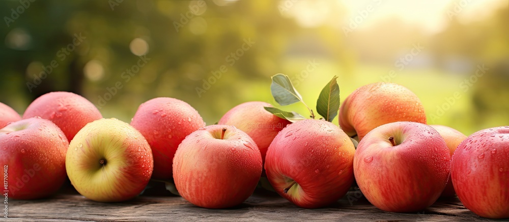 Poster freshly picked apples on a farm with plenty of copy space in the image