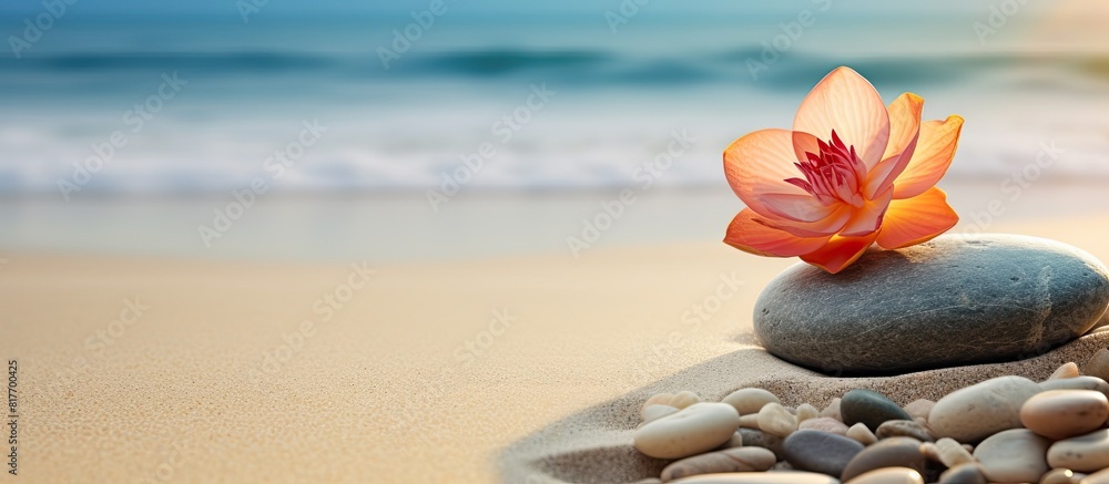 Aufkleber close up image of spa stones with a flower on a sandy beach offering a beautiful and tranquil copy s