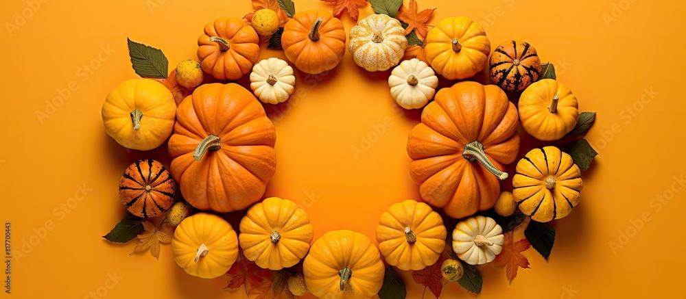 Aufkleber Copy space image featuring pumpkins and gourds arranged in a circular pattern against an orange backdrop