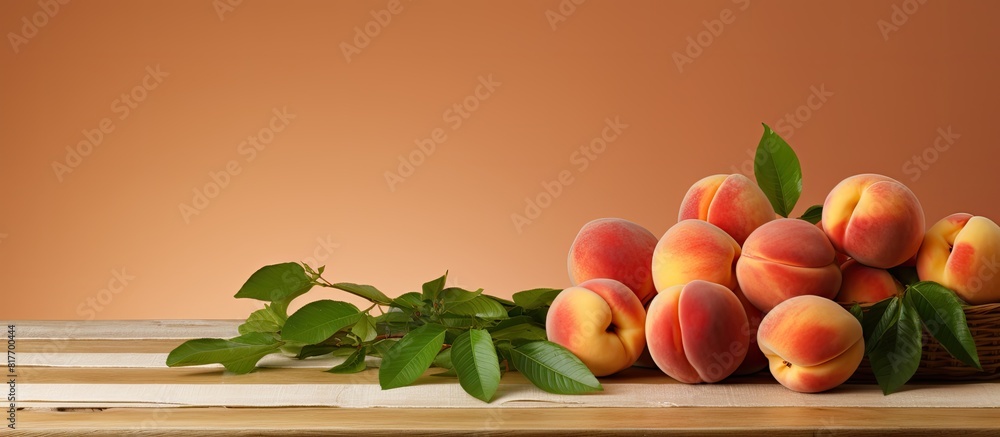 Poster table with fresh flat peaches featuring a banner design and ample copy space for text