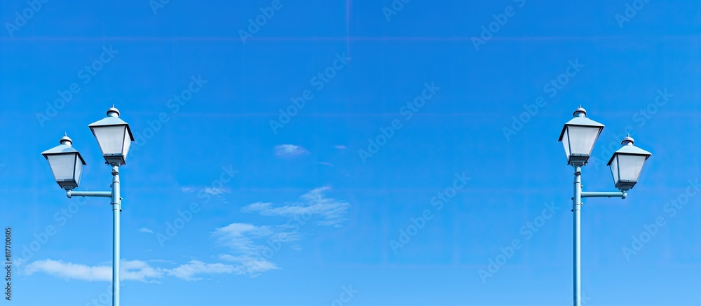 Poster a triple street lamp stands against a vibrant blue sky with ample space available on the right for a