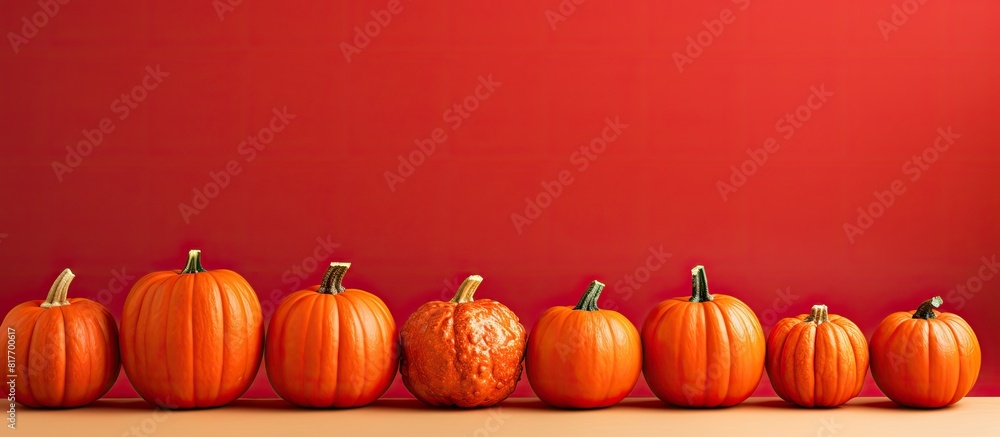 Poster a copy space image featuring small pumpkins arranged on a vibrant red surface