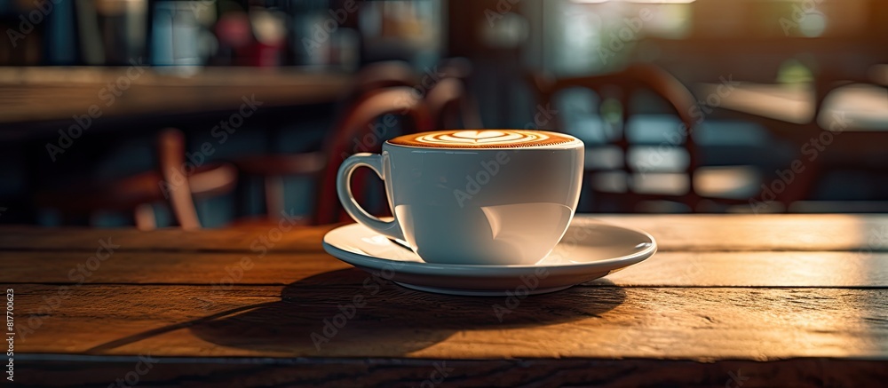 Poster a coffee cup is seen up close on a wooden table inside a cozy coffee cafe providing a clutter free b
