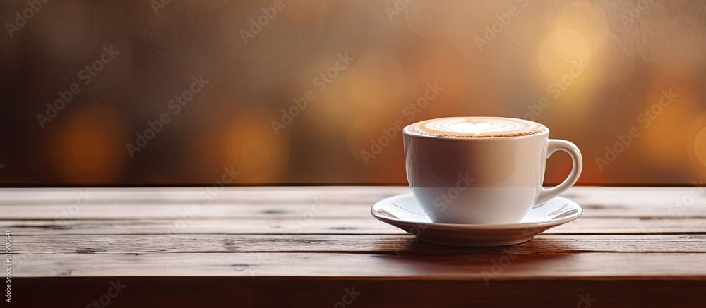 Poster on the wooden table there is a copy space image of a latte filled cup of coffee