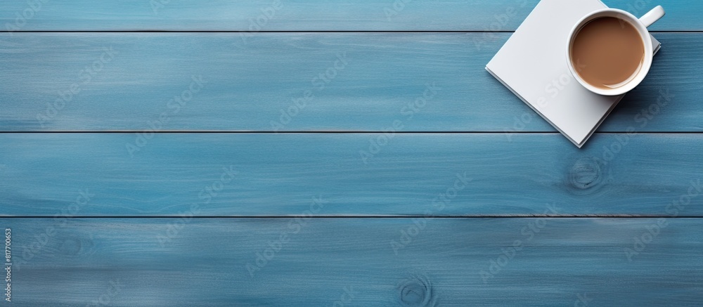 Leinwandbilder a top down view of a blue wooden table with a coffee cup and an empty notepad providing ample space 