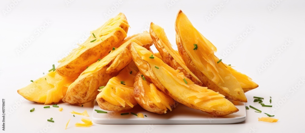Poster A copy space image of Cheezy Wedges which are baked potatoes topped with cheese placed on a white table