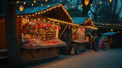 Charming village square as festive market: Stalls with heart-shaped trinkets under fairy lights.