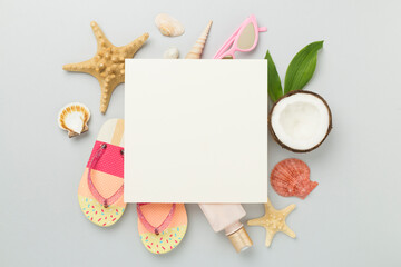 Summer banner with coconut and sea shells on color background. Vacation concept