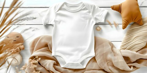 Mockup of a blank white baby bodysuit for newborn sleepwear viewed from the top. Concept Baby Bodysuit, Mockup Design, Newborn Sleepwear, Blank White, Top View