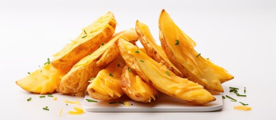 A copy space image of Cheezy Wedges which are baked potatoes topped with cheese placed on a white table
