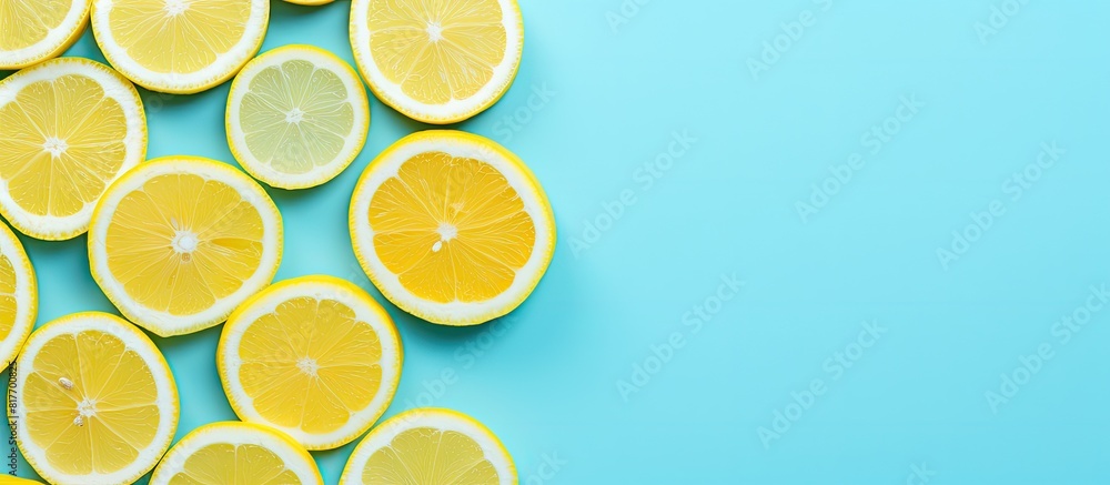 Poster A flat lay of half sliced lemons placed on both the top and bottom of a cyan background creates a vibrant summer copy space image