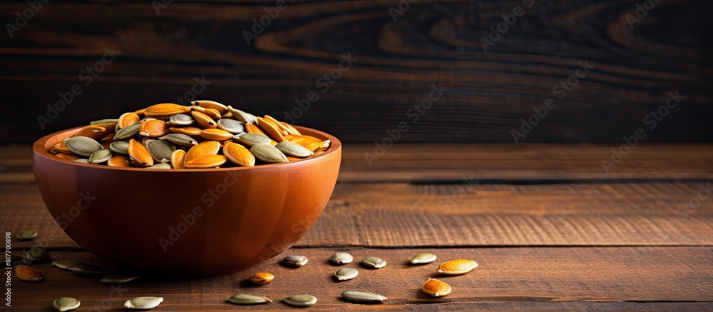 Poster a small bowl containing pumpkin seeds sits on a wooden surface with two contrasting colors creating 