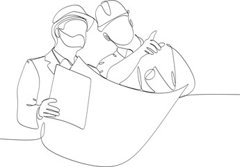 Line drawing of a young architect discussing a construction project with his supervisor. Building architecture business concept. One line design vector graphic illustration