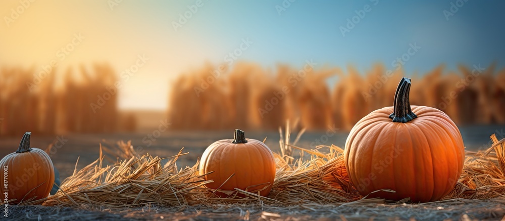 Poster In the daylight pumpkins sit atop haystacks creating a picturesque scene with spaciousness for text or graphics. Creative banner. Copyspace image