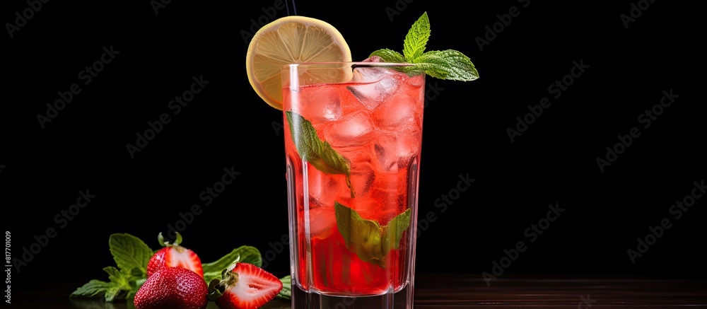 Poster A refreshing drink of homemade strawberry lemonade with a hint of basil is showcased on a dark background allowing for copy space