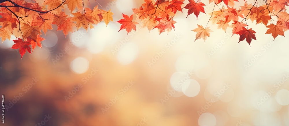 Poster The copy space image showcases a vibrant autumn background adorned with blurry multicolored maple leaves
