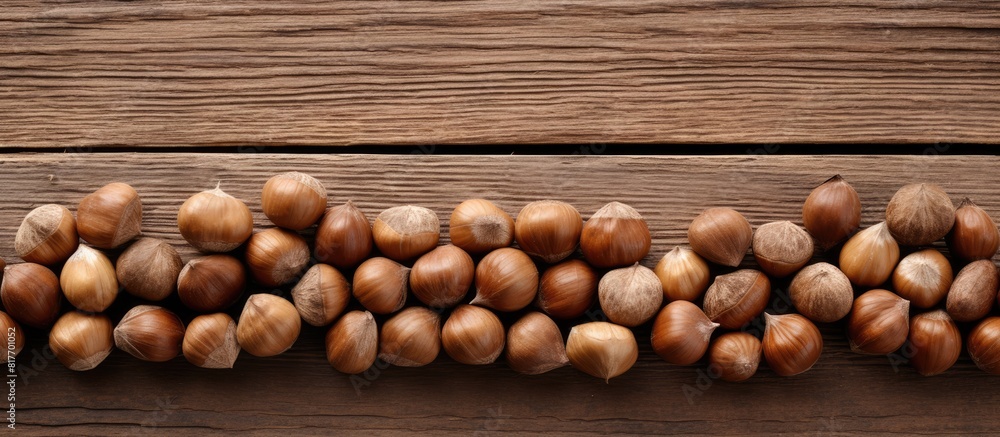 Poster a copy space image of hazelnuts arranged on a weathered wooden surface