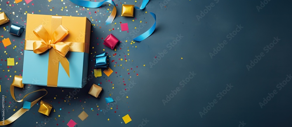 Aufkleber Top view of an opened gift box with a handmade toy colorful streamers and copy space image in the background