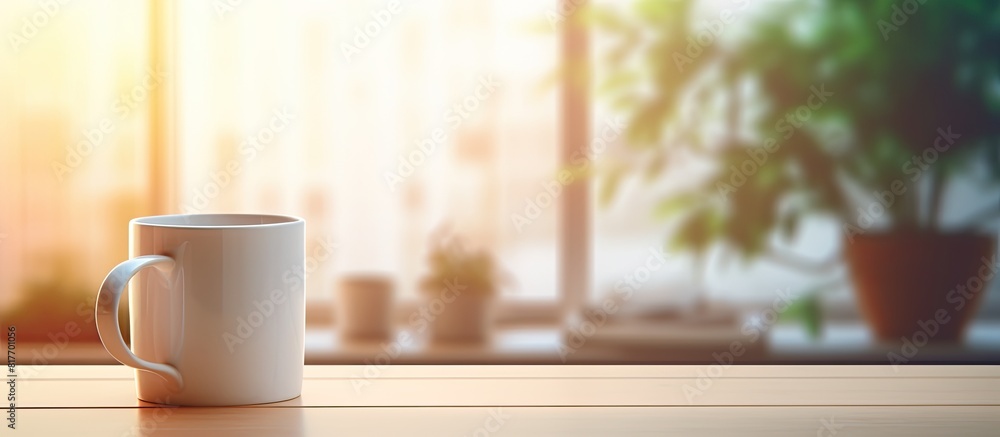 Poster a mug is placed on a desk with copy space image